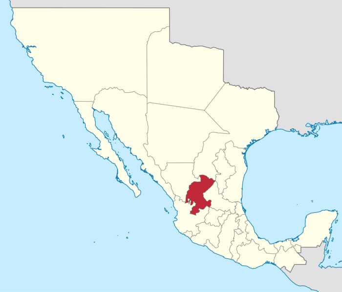 Mapa del Estado de Zacatecas y sus fronteras.