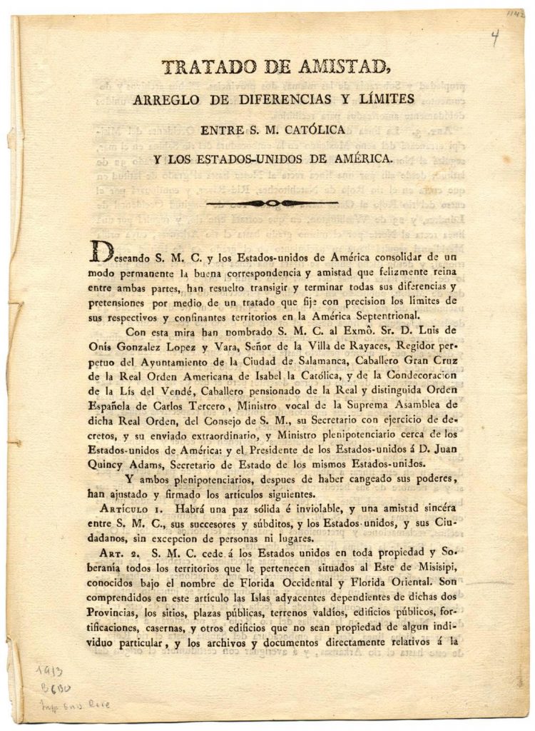 Fotografía del Tratado de Adams - Onís (1821).