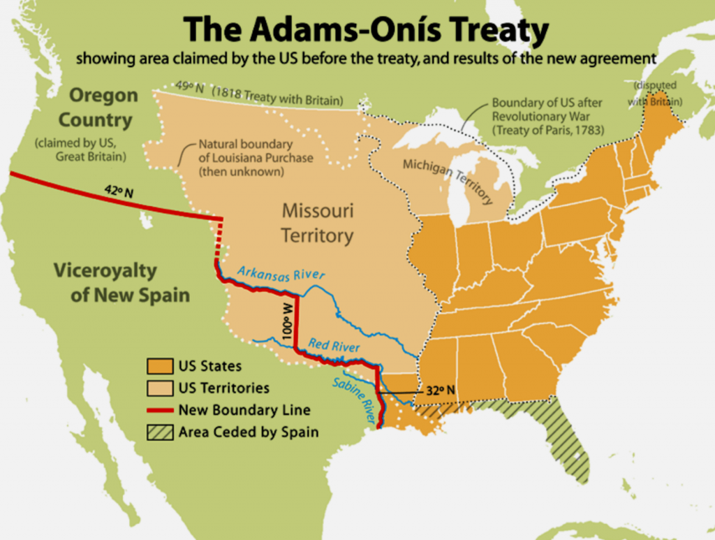 Mapa que refleja el reclamo de EE.UU antes del tratado, y el resultado de dicho acuerdo.