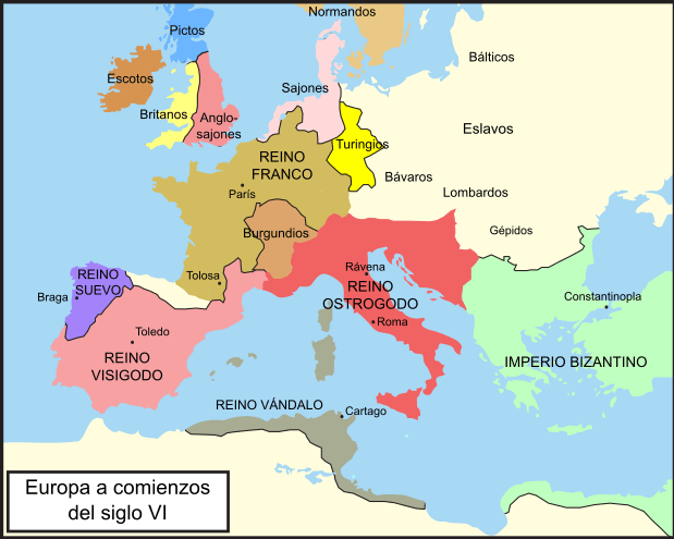 Mapa de los reinos Romano germánicos en el inicio de la Edad Media.