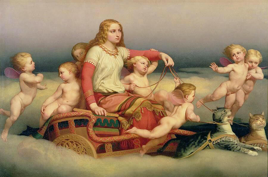 Freyja conduciendo su carro con gatos y flanqueada por querubines renacentistas. Pintura de Nils Blommér.