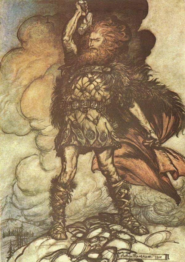 Thor en una ilustración de Arthur Rackham en la obra escrita de Richard Wagner El Oro del Rhin y La Valkiria.