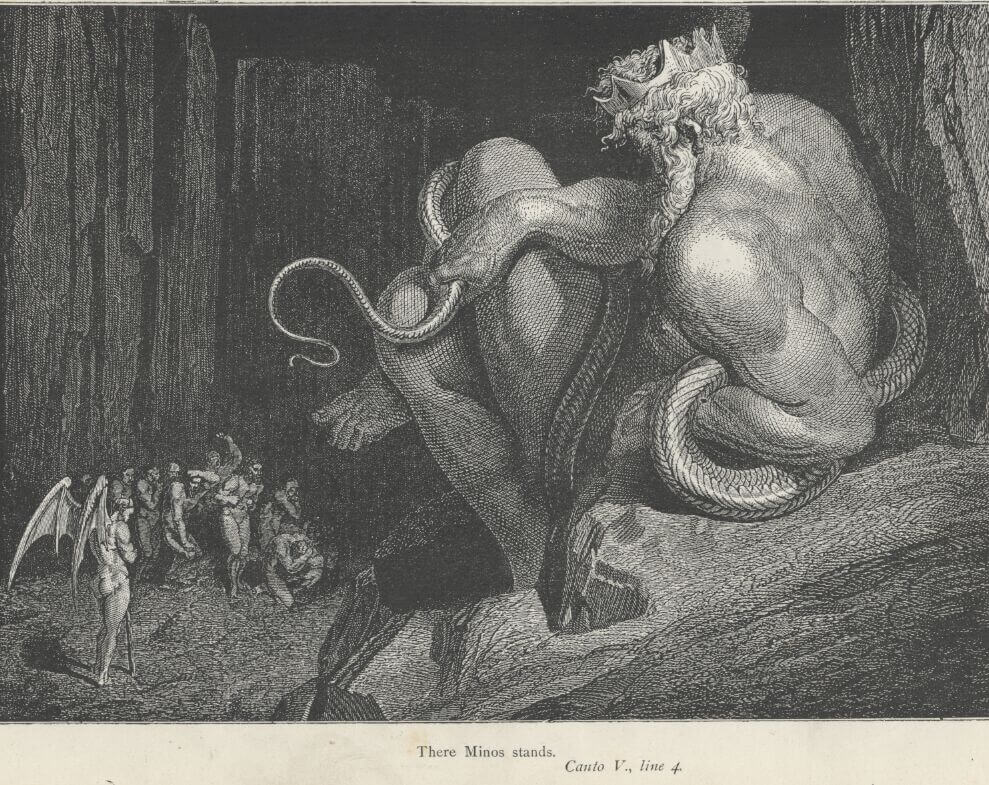 Allí está Minos, La divina comedia (Inferno, canto V, línea 4). Ilustración de Gustave Doré.