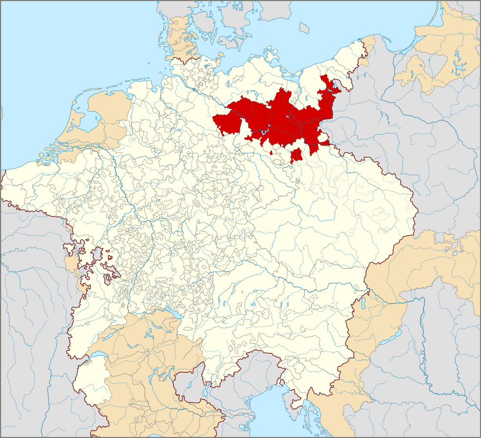 Margraviato de Brandeburgo dentro del Sacro Imperio Romano Germánico hacia 1618.
