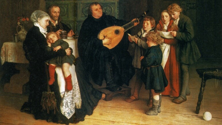 Martín Lutero toca el laúd y canta junto a su esposa Catalina e hijos.