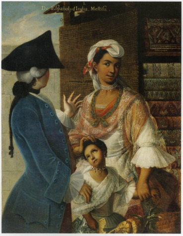 Español e indígena con su hijo mestizo.